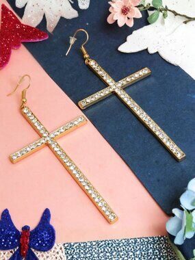 Gold Plated Cross Crystal Drop Earrings for Women Party Wear Statement Jewelry